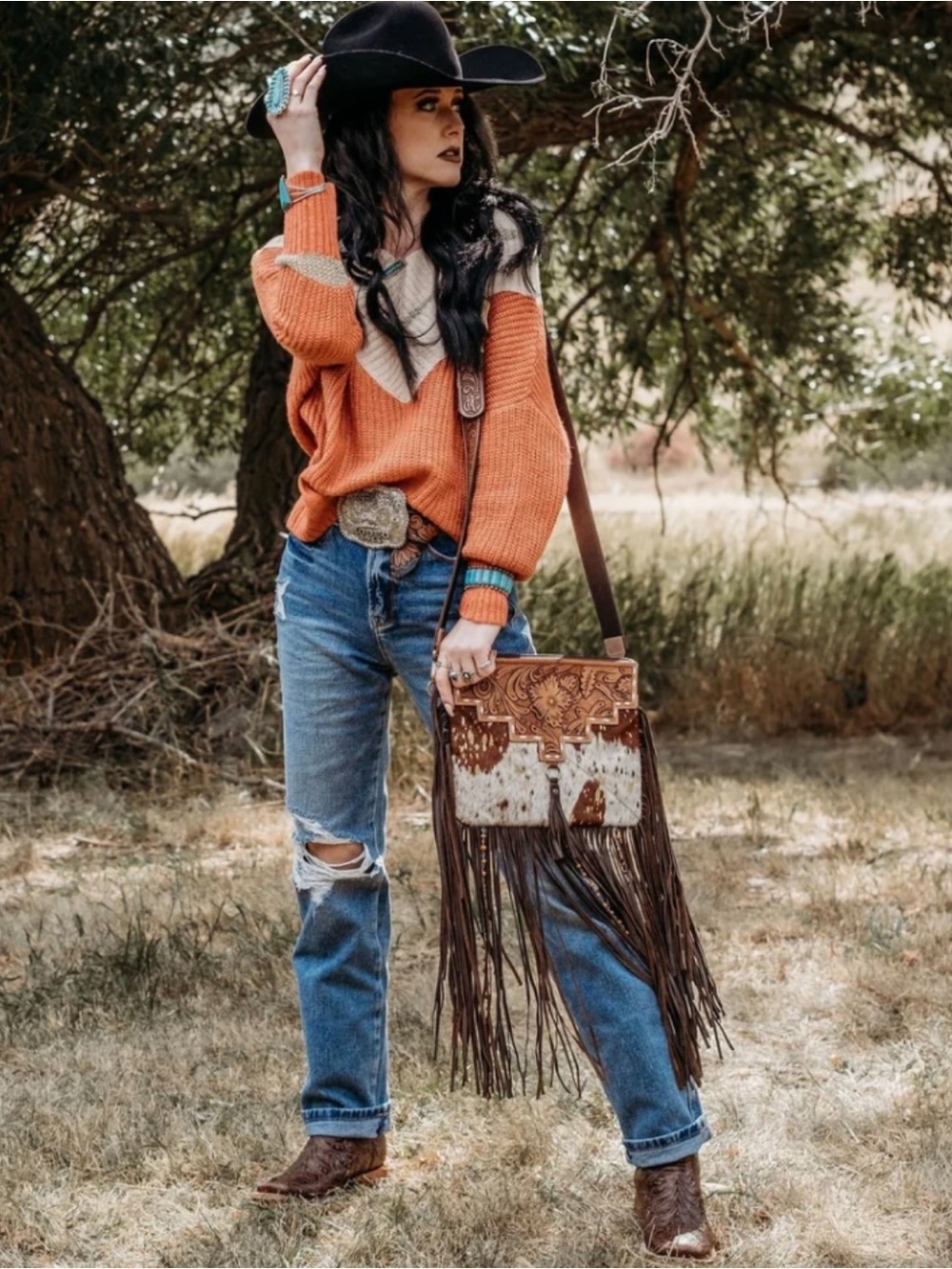 NWT Western Linen Cowhide Genuine Leather Fringe Crossbody Handbag boho carnival